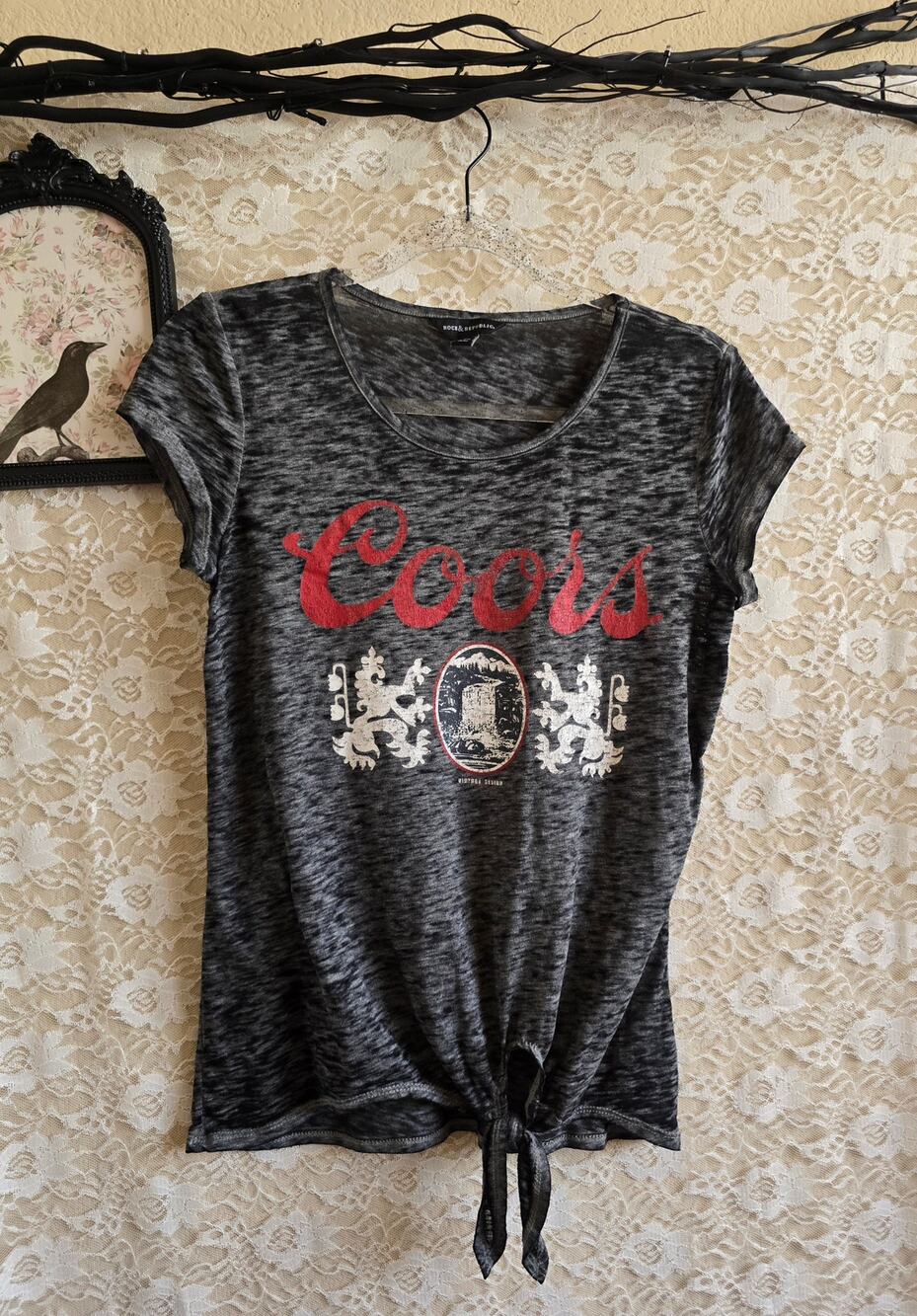 Rock & Republic Licensed Coors Knotted Tie-Front Graphic Tee - biker - grunge